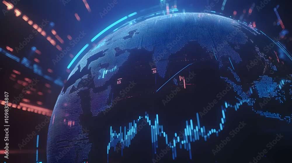 Poster digital globe with glowing data streams and financial charts in blue tones