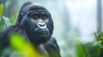 Obraz premium Majestic mountain gorilla in misty forest