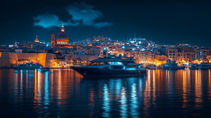 Luxury yacht sailing in the grand harbour of valletta at night