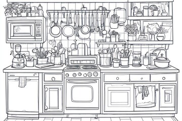 Create a high-quality, cartoon-style line drawing of a kitchen designed for an adult coloring book. The kitchen should feature various elements like a stove, refrigerator, countertops