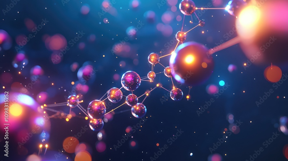 Aufkleber floating 3d molecules with glowing data nodes and connecting lines, in a dark blue space