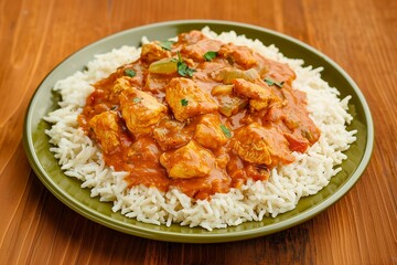 Close-Up of Chicken Tikka Masala and White Rice, Featuring a Popular Indian Dish. Ideal for Food Articles, Authentic Cuisine Promotions, or Cooking Tutorials