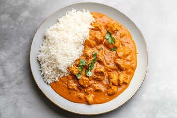 Mouthwatering Plate of Chicken Tikka Masala with Rice, Emphasizing Vibrant Spices and Texture. Perfect for Food Magazines, Cooking Blogs, or Restaurant Ads