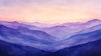 Obraz premium A serene watercolor landscape depicting layered mountains in soft purple hues at sunset.