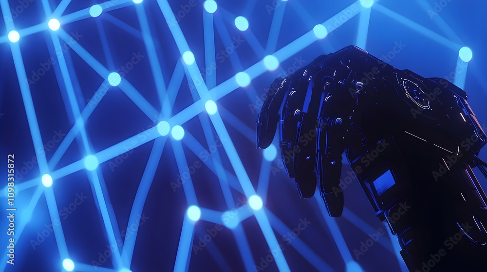 Aufkleber robotic arm with networked nodes and lines against blue futuristic background