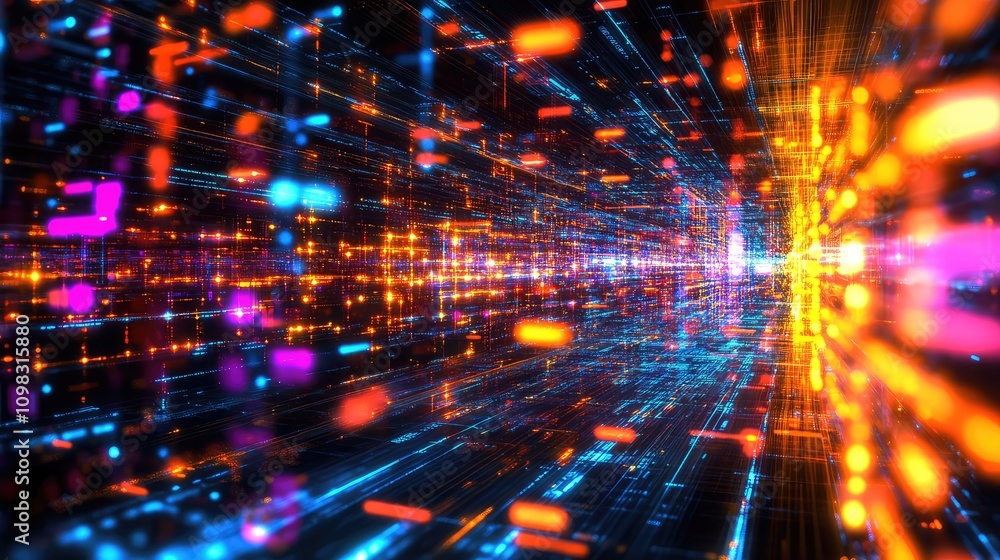 Poster floating data shards, fragmented and glowing in neon hues, with a sense of movement and digital disr