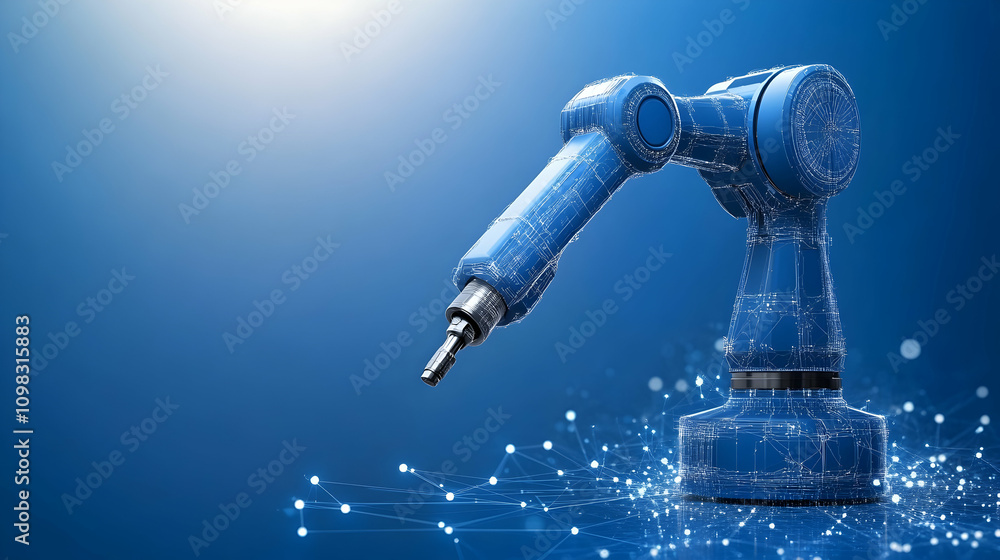 Poster robotic arm with networked nodes and lines against blue futuristic background