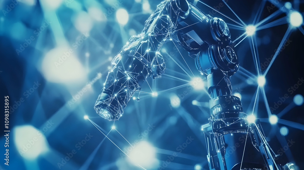 Poster robotic arm with networked nodes and lines against blue futuristic background