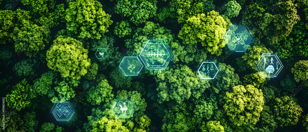 Poster forest canopy with hexagonal icons showcasing eco-friendly concepts