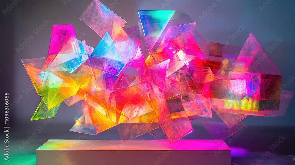 Aufkleber floating data shards, fragmented and glowing in neon hues, with a sense of movement and digital disr