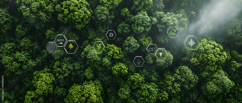 Poster forest canopy with hexagonal icons showcasing eco-friendly concepts