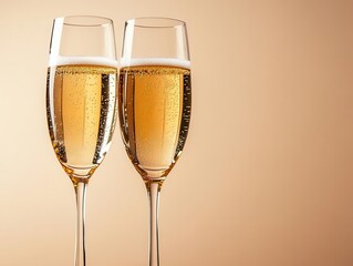 two elegant glasses of champagne sparkle against a soft background, capturing the essence of celebration and luxury. the composition invites viewers to indulge in joyous moments and special occasions