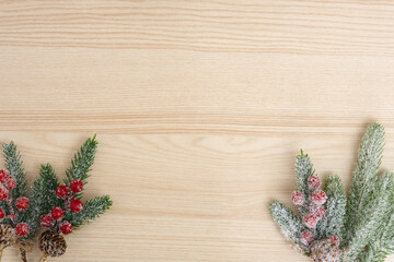 Backround template with wooden background and christmas ornament mockup. New year and xmas