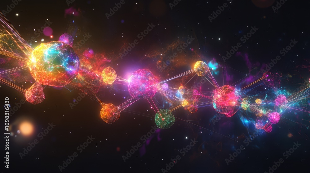Poster floating neon data clusters connected by lines, symbolizing quantum entanglement over a dark space b