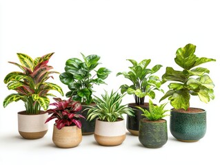 Obraz premium variety of beautiful plants in stylish ceramic pots, arranged on a pristine white background, highlighting their unique textures and colors in a modern, minimalist 3d rendering
