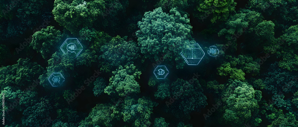 Poster forest canopy with hexagonal icons showcasing eco-friendly concepts