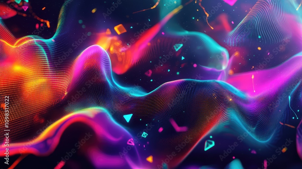 Aufkleber floating polygon shapes and interlaced data points in vivid neon colors, giving a sense of movement 