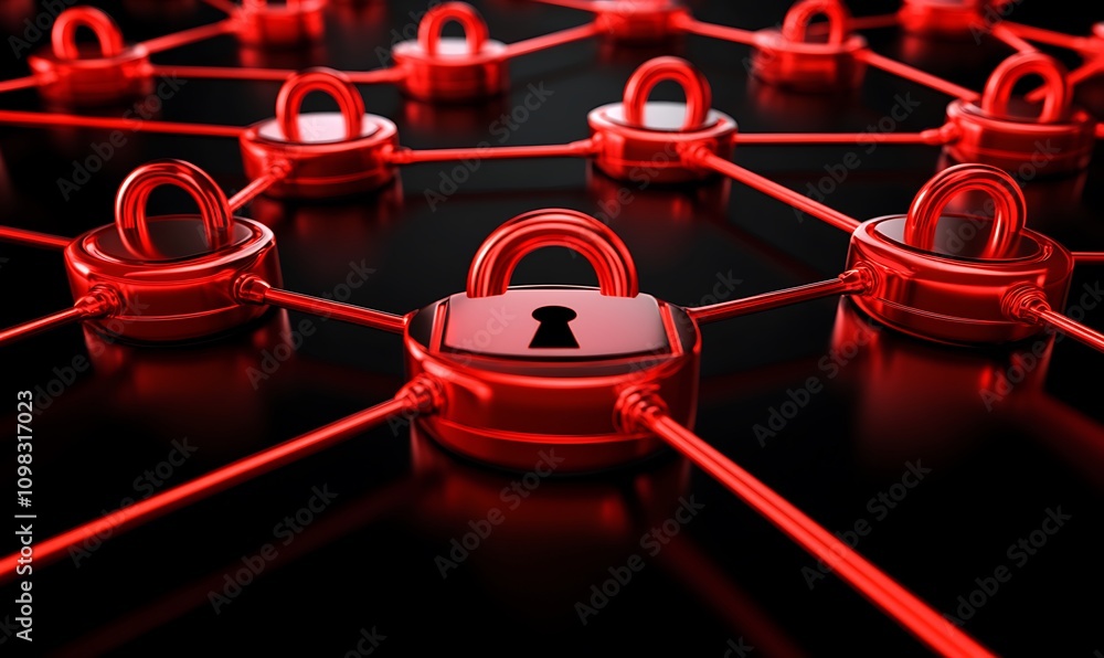 Poster a digital network of interconnected red padlocks symbolizing cybersecurity and data protection.