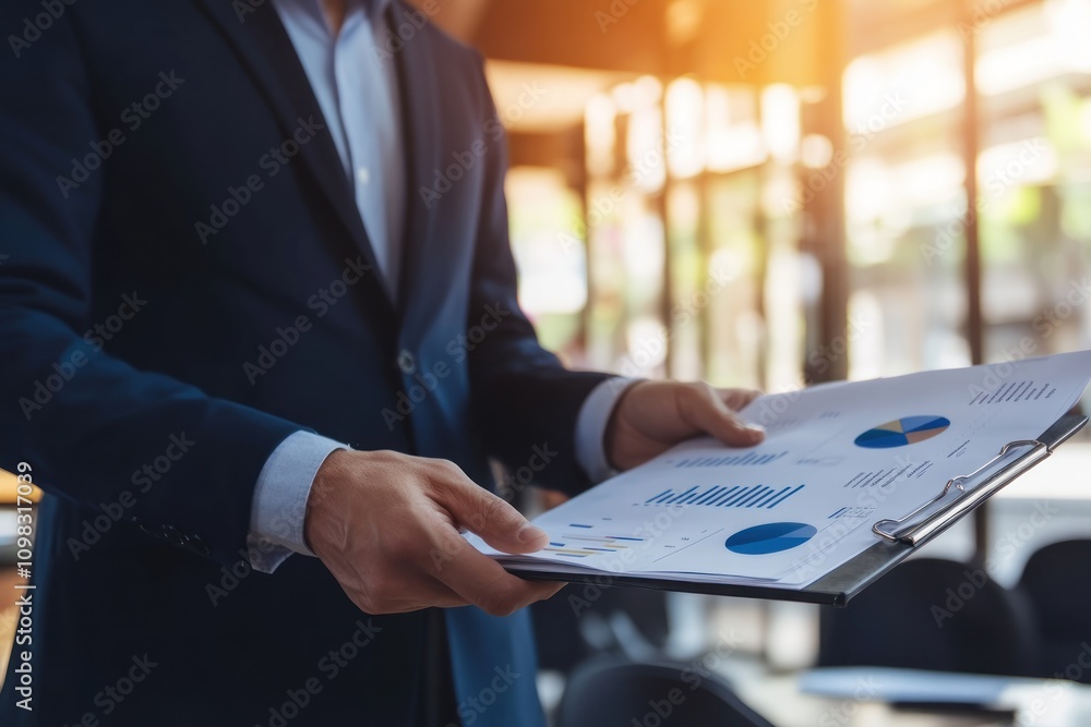 Poster a businessman reviewing a report with charts and graphs in a modern office setting.