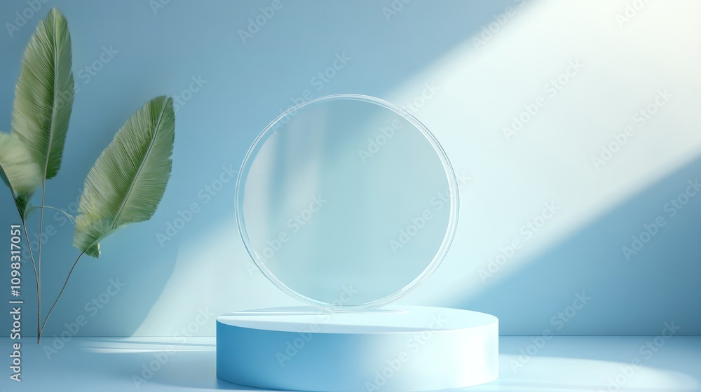 Poster a minimalist display featuring a circular glass object on a light blue pedestal with foliage.
