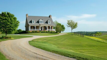 Fototapeta premium A large country farmhouse with a gravel driveway and rolling hills.