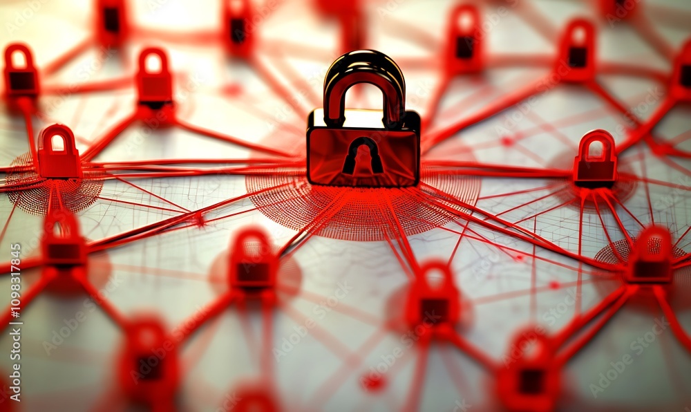 Poster a digital lock surrounded by interconnected red lines, symbolizing cybersecurity and protection.
