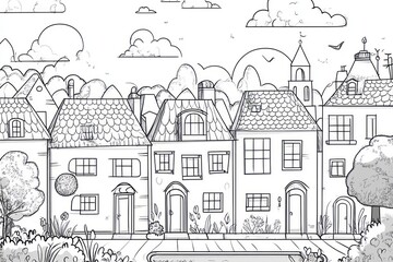 Kids coloring pages, building houses. Bold strips of black and white line art, clean style, outline art bold and exaggerated, cartoon style, no shading, digital drawing