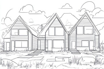 Kids coloring pages, building houses. Bold strips of black and white line art, clean style, outline art bold and exaggerated, cartoon style, no shading, digital drawing