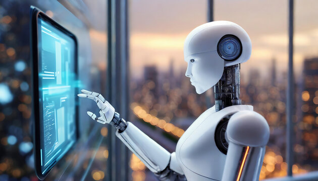 Humanoid robot interacts with a digital screen in a futuristic office overlooking a city