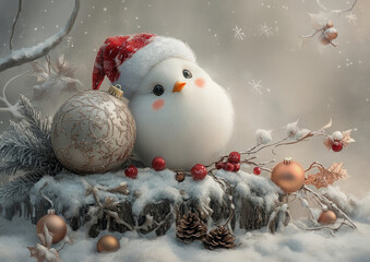Obraz premium Festive Christmas Bird with Red Berries and Christmas decorations