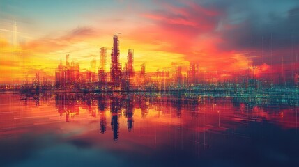 Obraz premium Futuristic city skyline reflecting on water at sunset with vibrant colors.