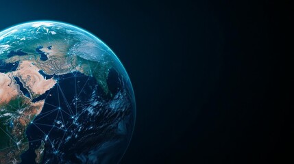 Fototapeta premium fiber optic network efficiency concept. A captivating view of Earth from space, highlighting continents and a network of connections against a dark background.