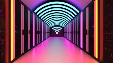 fiber optic network efficiency concept. A futuristic hallway lined with servers, illuminated by vibrant purple and blue lights, creating a high-tech atmosphere.