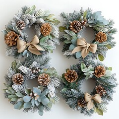 Fototapeta premium Elegant Christmas Wreaths with Pinecones and Greenery for Festive Holiday Decor, Perfect for Seasonal Celebrations and Home Decorations