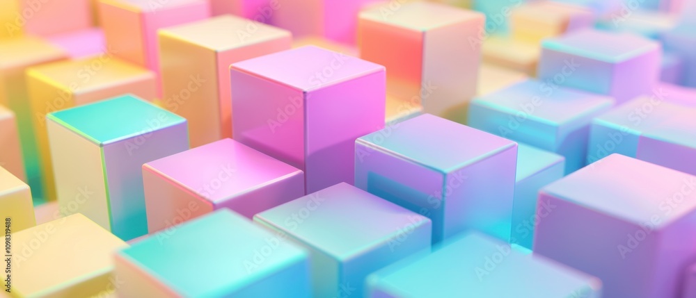 Poster a colorful arrangement of 3d cubes with a soft pastel gradient, creating a vibrant visual effect.