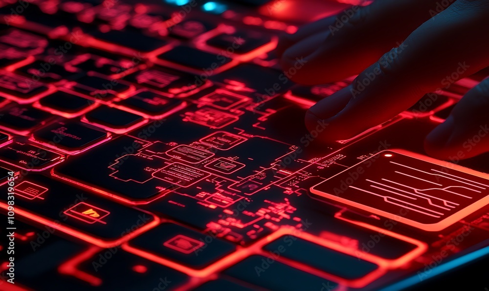 Poster a close-up of a glowing keyboard with intricate circuit patterns, emphasizing technology.