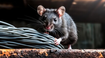 A Rat Damaged the Wires Cable Concept, Rat Climbing on Tangled Wires in Abandoned Warehouse Setting