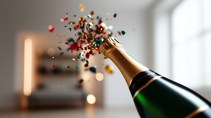 Champagne bottle popping with colorful confetti in a modern apartment.