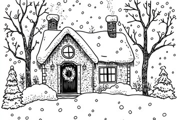 Simple cartoon-style black and white line drawing of a cozy cottage with a snow-covered roof, decorated with holiday lights and a wreath on the door. Snowflakes are falling