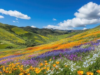Obraz premium vibrant meadow blanketed with colorful flowers under a clear blue sky, lush greenery, creating a serene and picturesque natural scene