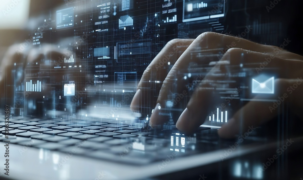 Poster hands typing on a laptop with digital data overlays, symbolizing technology and information.