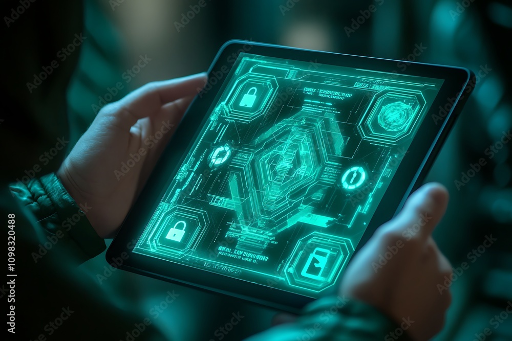 Poster a person holding a futuristic tablet displaying a holographic interface with security features.
