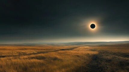 Obraz premium A dramatic landscape featuring a solar eclipse over a golden field under a dark sky.