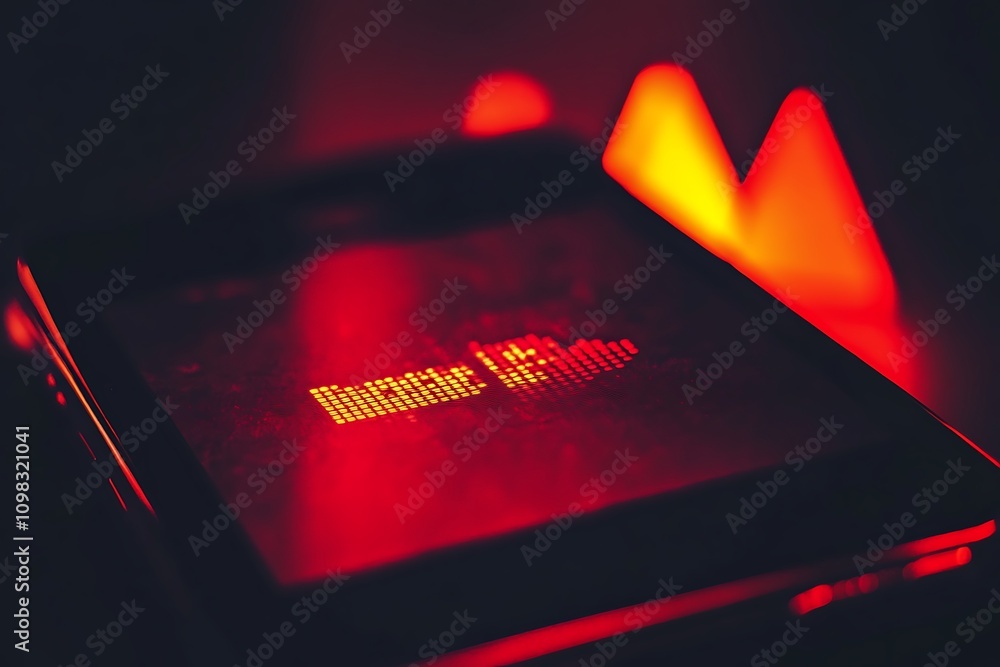 Aufkleber a smartphone displaying a sound wave graphic illuminated in red light.