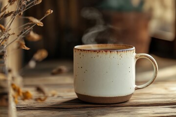 Empty coffee mug on rustic table with steam rising, captured using macro lens on warm morning light, with copy space