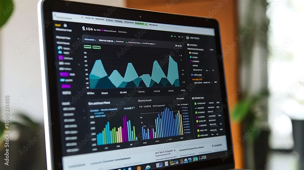 Poster a laptop displaying colorful data visualizations and analytics on a dark interface.