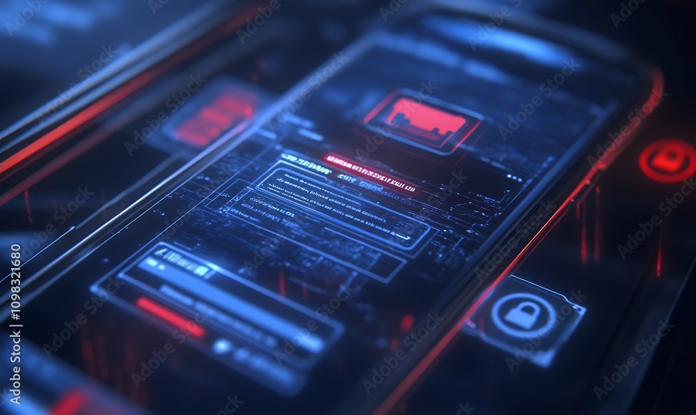 Poster a futuristic smartphone interface displaying digital data and security features.