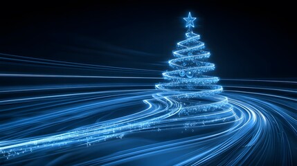 Glimmering blue spiral Christmas tree, adorned with sparkling ornaments, on a dark background. Festive and magical.