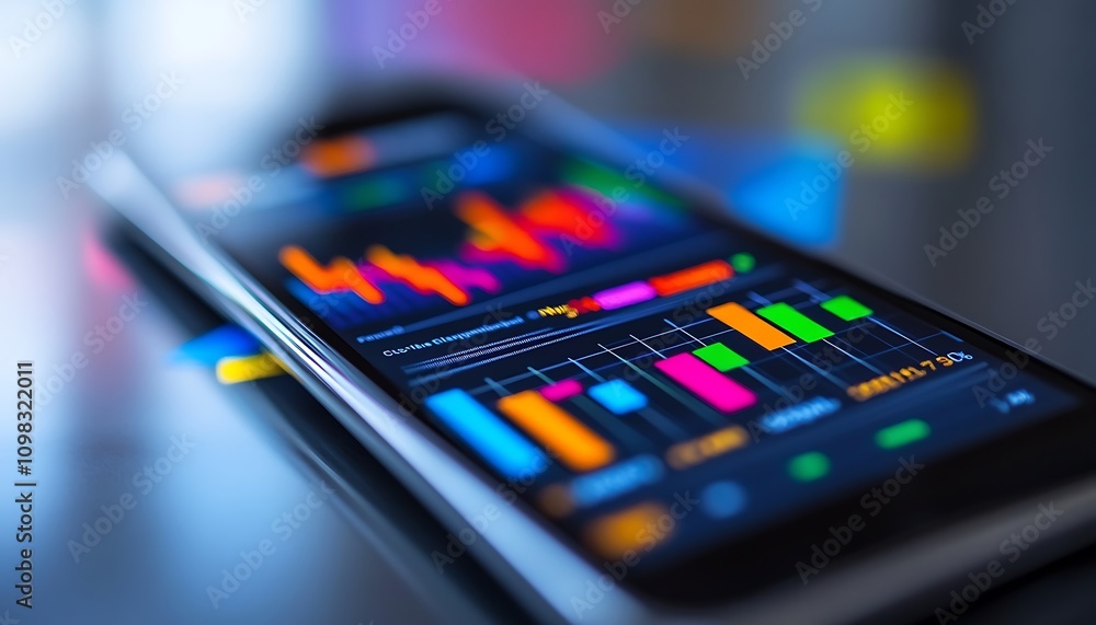 Poster a smartphone displaying colorful financial charts and graphs for data analysis.