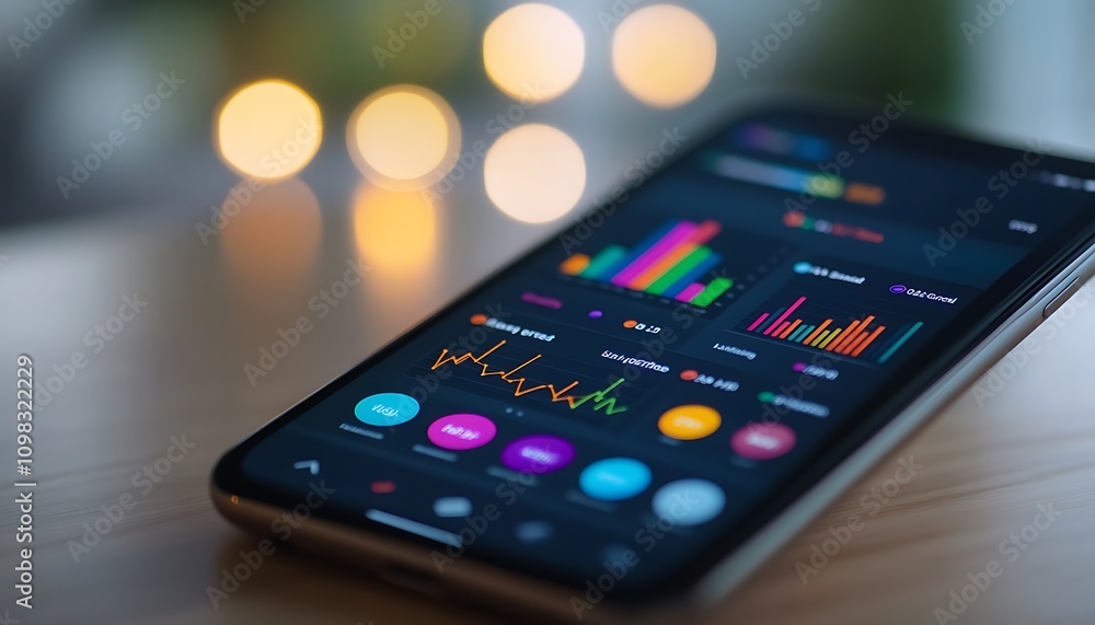 Poster a smartphone displaying colorful data visualizations and graphs on a wooden surface.